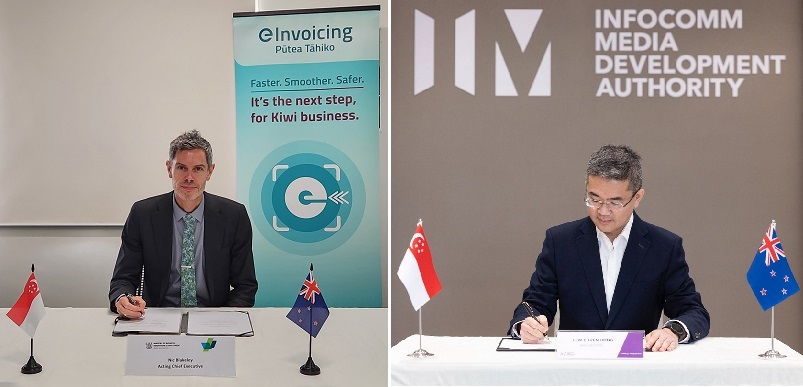 Photograph of the signing of MoA by MBIE’s Acting Chief Executive, Nic Blakely and IMDA’s Chief Executive Officer Mr. Lew Chuen Hong.